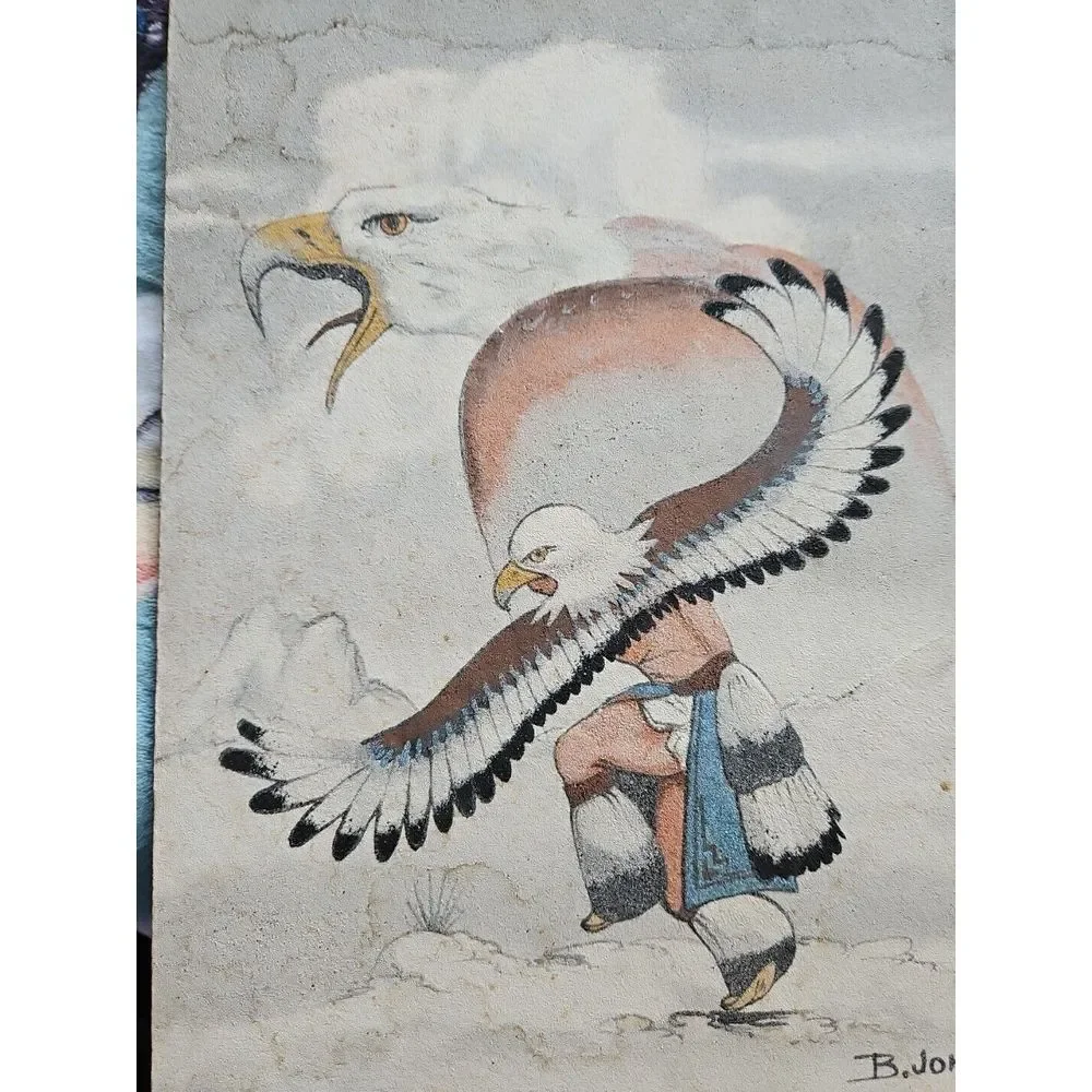 Native American Sand Painting EAGLE‎ DANCER Signed B. John OUTSIDER ART 14X11 - Picture 11 of 11